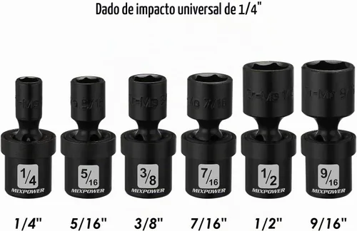 Vista 2 de MIXPOWER Juego de 6 piezas de enchufe de impacto universal poco profundo de 1/4" Drive SAE, 1/4" - 9/16", enchufe giratorio con oscilación flexible