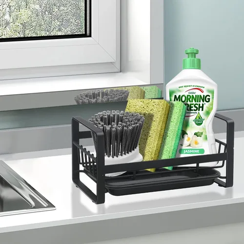 Vista 3 de Soporte de esponja de cocina para fregadero, organizador de fregadero de cocina, escurridor de bandeja de fregadero, trapos de platos, cepillo