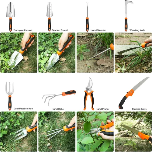 Vista 3 de Gartden Tools, 10 herramientas de jardín de acero inoxidable para jardinería con mango ergonómico antideslizante, herramientas de mano de jardín