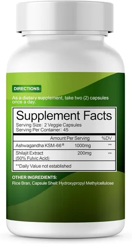 Vista 3 de KSM-66 Cápsulas de extracto de Ashwagandha y Shilajit (90 cápsulas/45 porciones, 1000 mg KSM-66 por porción) Extracto de raíz de Ashwagandha