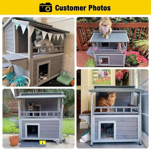Vista 5 de Aivituvin Casa de gatos al aire libre resistente a la intemperie con dos pisos, refugio para gatos salvajes con puertas de escape, madera maciza