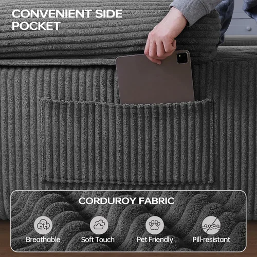 Vista 8 de Sofá Seccional Modular en Forma de U de 126.2'', Sofá Convertible de 4 Asientos, Sofás Sin Huesos para Sala de Estar (Gris) Sofá moderno de pana