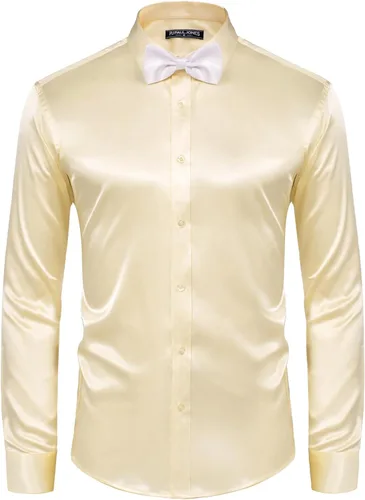 Vista 8 de PJ PAUL JONES Camisa de vestir de satén brillante para hombre, camisa de seda con botones de manga larga y pajarita
