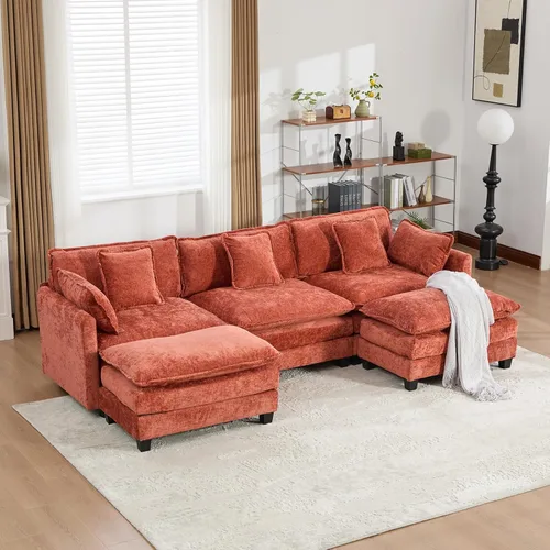Vista 162 de Sofá seccional modular verde de 111.5", sofás seccionales grandes de 3 plazas para sala de estar, sofá nube oversized de tela chenille con otomana