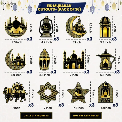 Vista 2 de KatchOn, Decoraciones de Eid Mubarak en negro y dorado – Paquete de 36 Decoración colgante de Eid, guirnalda de Eid para decoraciones de Eid