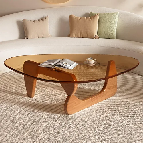 Vista 3 de Mesa auxiliar triangular con base de madera, tapa de vidrio transparente, mesa auxiliar abstracta para sala de estar, oficina