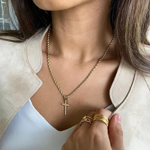 Vista 3 de Collar de cruz para niño de acero inoxidable colgante de cruz pequeña cadena de cuerda giratoria regalo de joyería de fe simple para hombres mujeres
