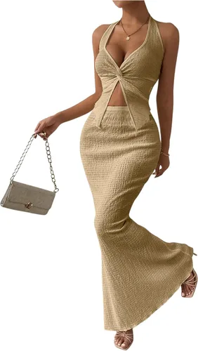 Vista 15 de SOLY HUX - Conjunto de dos piezas de verano para mujer, con parte superior tipo camisola con cuello halter, nudo frontal y falda marrón (Plain Brown)