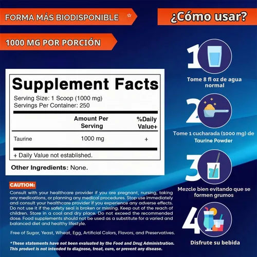 Vista 2 de Vitamatic Taurina pura 1000 mg 250 porciones - Sin OMG, sin gluten