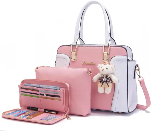 Vista 9 de Soperwillton Monederos para mujer, bolso cruzado de hombro, asa superior, bolsa de mano, cartera, juego de 3 piezas beige/marrón