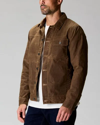 Vista 2 de Huckberry Flint and Tinder Chaqueta de Camionero Encerada con Forro de Franela para Hombre, Chaqueta para Hombre Resistente al Agua y a la Intemperie