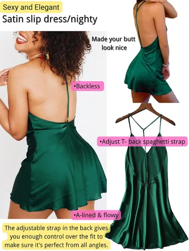 Vista 2 de Kaei&Shi Camisón de satén sedoso, lencería sin espalda para mujer, ropa de dormir suelta, mini camisón, camisola con tirantes delgados