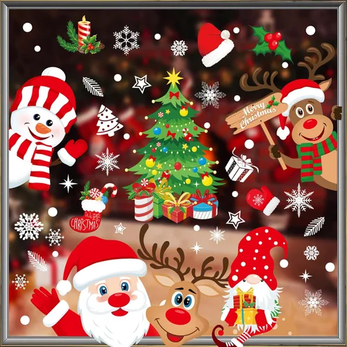 Vista 2 de Calcomanías navideñas para ventana, 267 unidades, reutilizables, de doble cara, impresas, autoadhesivas, decoración de ventana, Papá Noel, alce