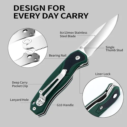 Vista 4 de Vickay Cuchillo de bolsillo, cuchillos plegables de bolsillo con clip para cinturón, cuchillo táctico para acampar, hoja de acero inoxidable