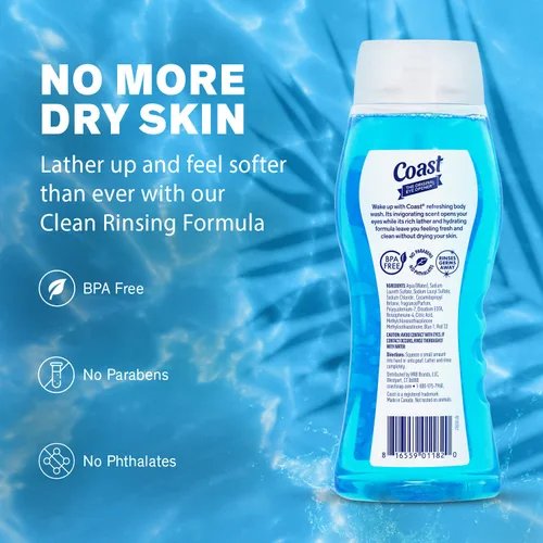 Vista 4 de Coast Gel de baño 2 en 1 para cabello y cuerpo, aroma clásico, gel de baño, champú y acondicionador para hombres, paquete de 6 unidades x 18 onzas