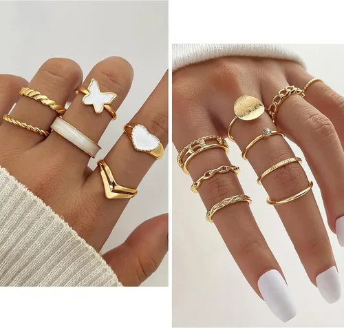 Vista 5 de VKME Juego de 45 piezas de joyería dorada para mujeres y niñas, aretes colgantes delicados, elegantes anillos de nudillos, pulseras y collares