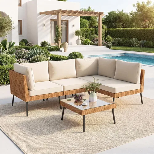 Vista 11 de Aoxun Juego de muebles de patio de 7 piezas con mesa auxiliar, color beige Muebles de mimbre para exteriores con cojines gruesos resistentes al