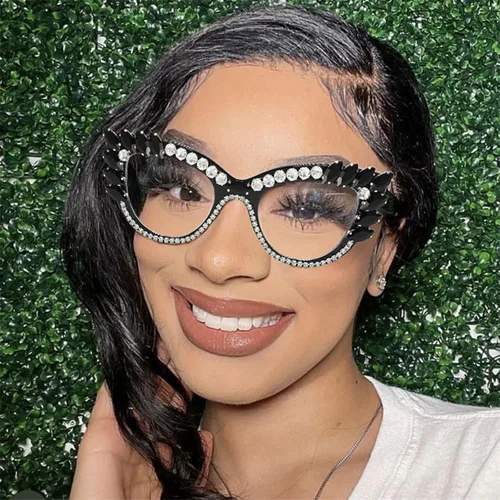 Vista 6 de LJCZKA Rhinestone Cat Eye Glasses Women Retro Diamond Bling Shiny Cateye Blue Light Blocking Glasses Computer Eyeglasses