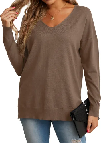 Vista 5 de GRECERELLE Suéter de punto con cuello en V y manga larga para mujer, con abertura lateral, suelto, informal, suéter de punto