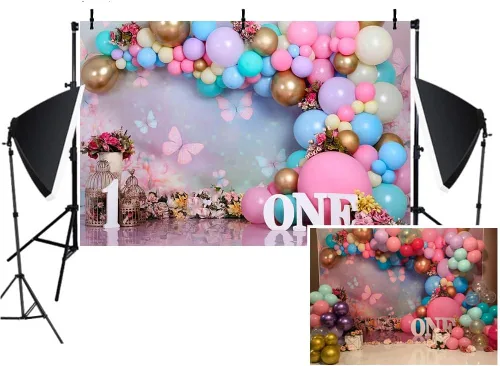 Vista 4 de Telón de fondo de primer cumpleaños para niña, decoración de pastel de primer cumpleaños para niña, telón de fondo de fotos para baby shower