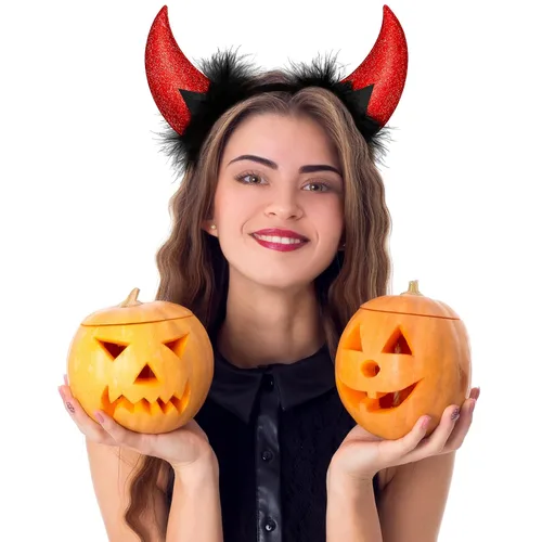 Vista 4 de Diadema de cuerno de diablo, diadema de Halloween, accesorio para disfraz de Halloween (rojo)