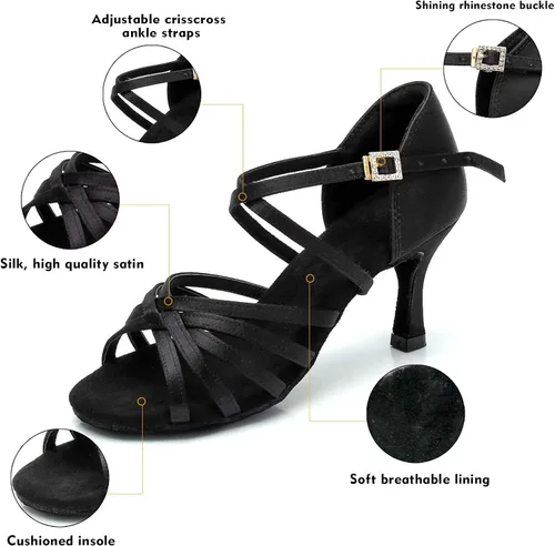Vista 6 de RoseMoli Zapatos de baile latino para mujer, de satén, profesional, para sala de baile, salsa, práctica, rendimiento