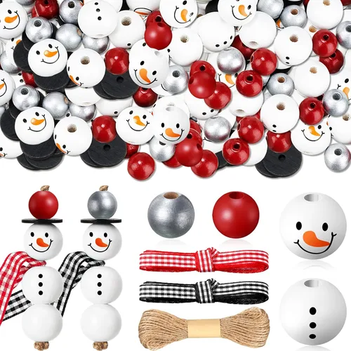 Vista 12 de Yulejo 180 Pcs Christmas Snowman Wooden Plaid Bead Winter Xmas, Blue