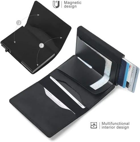 Vista 3 de Fermido Billetera delgada para AirTag de piel auténtica RFID, tarjetero desplegable automático, diseño delgado, accesorio multiusos para funda