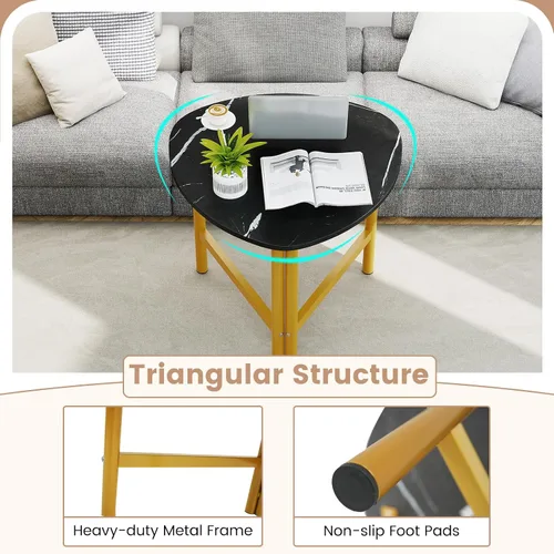 Vista 4 de Giantex Mesa auxiliar triangular, mesa auxiliar de madera con parte superior de mármol sintético y patas de metal, mesas decorativas para sofá, mesa