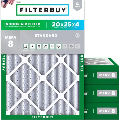 Vista 90 de Filterbuy - Filtros de aire de repuesto MERV 8, protección contra el polvo, plisados, para caldera y sistema HVAC, 20 x 25 x 1 pulgadas, paquete