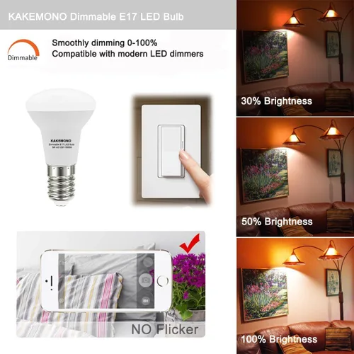Vista 3 de KAKEMONO Bombilla LED R14 regulable E17 de base intermedia mini reflector de 3 W (equivalente halógeno de 30 W) para luz de escritorio de lectura
