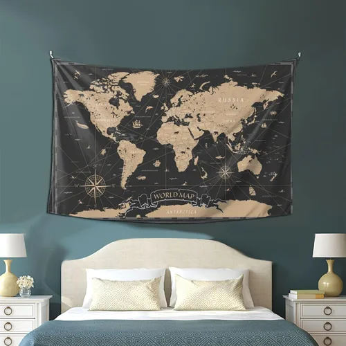 Vista 8 de MOUNDHONG Tapiz negro retro con mapa del mundo para colgar en la pared, tapiz de arte retro para pared, tapices de pared grandes para dormitorio