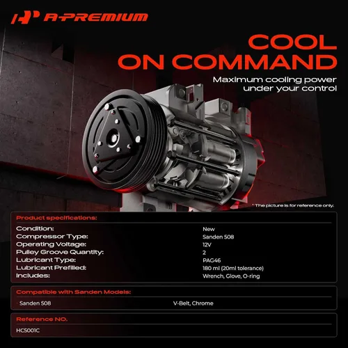 Vista 3 de A-Premium Apto para Sanden 508 2PK Style, compresor universal de A/C con embrague, correa en V de 2 ranuras, cromada