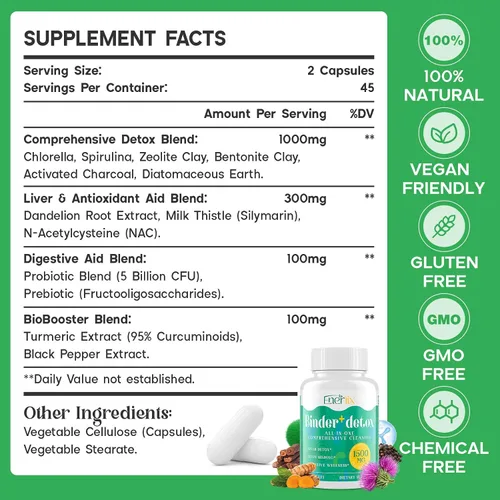 Vista 2 de Enerlix Aglutinante de Desintoxicación 15 en 1, Carbón Activado, Zeolita y Arcilla de Bentonita, Chlorella, Suplemento de Desintoxicación de 1500 MG