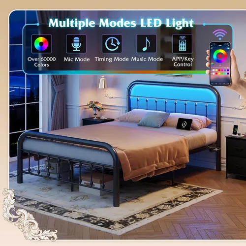 Vista 3 de WLIVE Marcos de Cama Queen, Marco de Cama Queen con Cabecero, Marco de Cama Tamaño Queen con Luces LED y Estación de Carga, No Requiere Somier