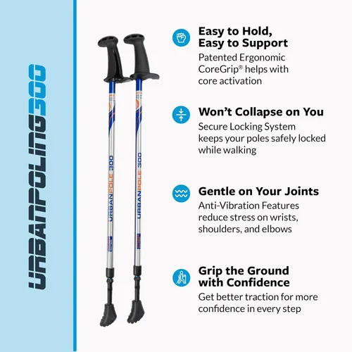 Vista 2 de Urban Poling Bastones urbanos serie 300 – 1 par – Edición fitness – CoreGrip™ ergonómico patentado para estabilidad – Ajustable, plegable, ligero