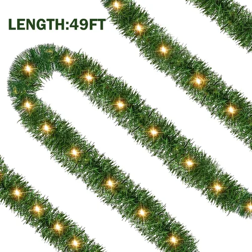 Vista 2 de Dazzle Bright 15 m de guirnalda de Navidad verde preiluminada, 150 luces LED, guirnaldas artificiales de pino iluminadas, para decoración de Navidad