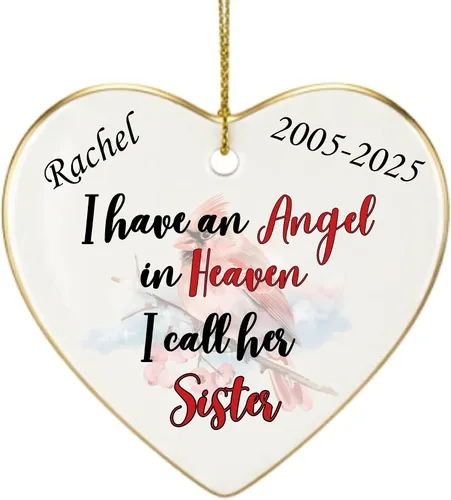 Vista 18 de Adorno de Navidad conmemorativo personalizado 2025 – Recuerdo de cerámica en forma de corazón – Tengo un ángel en el cielo I Call Her Primo – Regalo