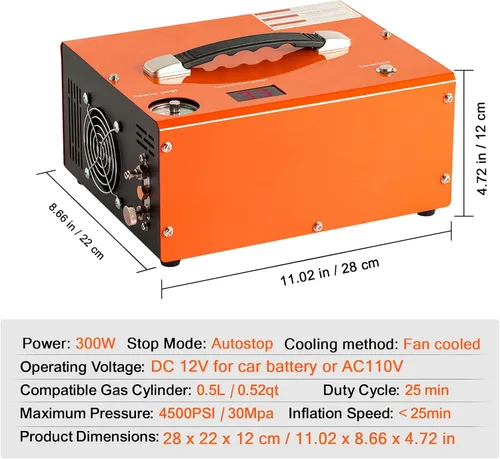 Vista 5 de Compresor de aire PCP 4500Psi/30Mpa, bomba de llenado rápido sin aceite de 300 W con apagado automático, doble potencia 12 V CC y 110 V CA