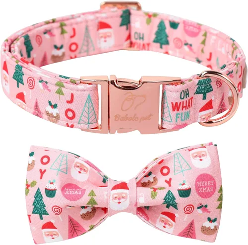 Vista 16 de Collar de Navidad para Perro con Pajarita - Lindo Collar de Cachorro Azul con Patrón Navideño de Cereza y Caramelo, Hebilla de Metal Ajustable