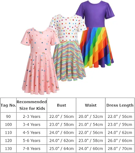 Vista 7 de Vestido de manga corta para niña, vestido de fiesta con vuelo de arco iris, vestido de verano acampanado, casual, vestido de patinadora