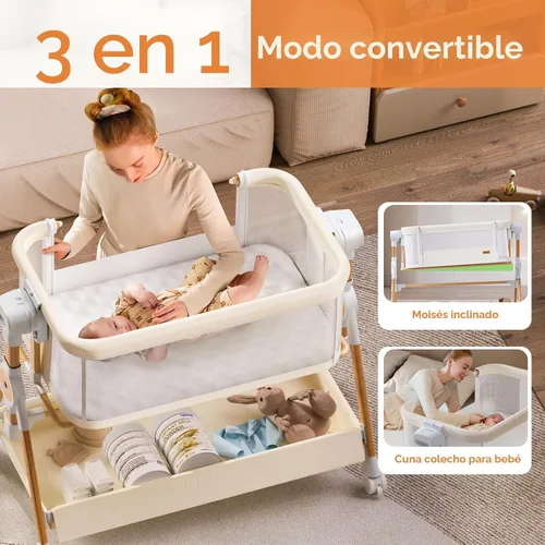 Vista 3 de Moisés de bebé 3 en 1, moisés de cabecera/mecedora para bebé, cuna de cabecera con ruedas bloqueables, colchón impermeable, 6 alturas ajustables
