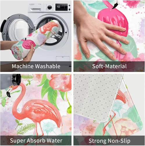 Vista 5 de Alfombra de baño tropical de flamenco para baño, tapetes de felpa pequeños, suaves, lavables, antideslizantes, absorbentes, alfombras de ducha