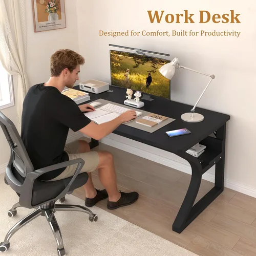 Vista 6 de StarGraph Escritorio para computadora de 47 pulgadas, escritorio grande para oficina en casa con marco de metal resistente en forma de U, modernos