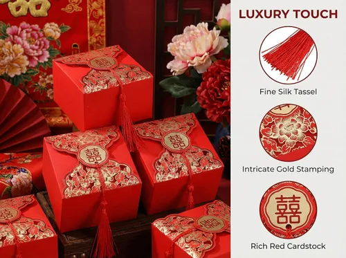Vista 4 de Abaodam Cajas de dulces de boda chinas, 80 cajas de regalo chinas con borla para invitados, bolsa creativa de decoración de mesa para compromiso
