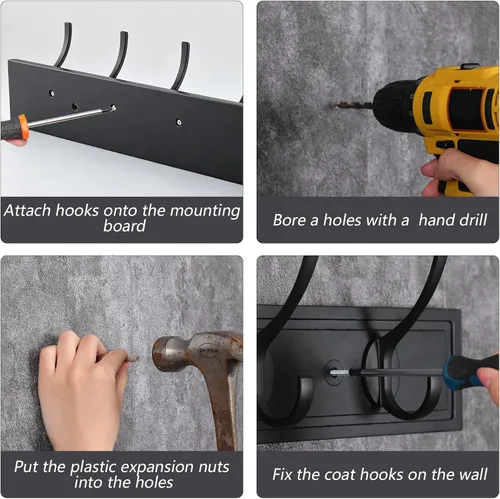 Vista 6 de HOME MASTER HARDWARE Perchero de pared negro, ganchos de pared de MDF para colgar abrigos, estante decorativo para sombreros de 27" para pared con 5