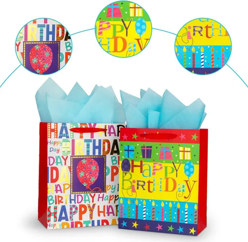 Vista 3 de Paquete de 2 bolsas grandes de regalo de cumpleaños de 12.6 pulgadas para fiesta de cumpleaños con papel de seda
