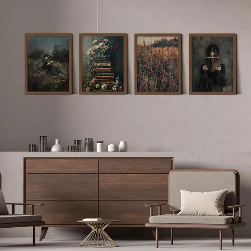 Vista 6 de Unframed Dark Academia Victorian Wall Art Set of 4,Vintage Woman Reading Painting Canvas Prints,Floral Bookshelves,Rustic Field & Antique Book