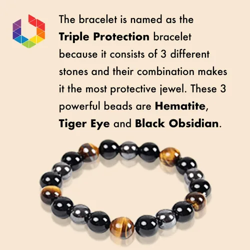 Vista 4 de Bombay - Pulsera de triple protección con cristales de hematita, obsidiana negra, ojo de tigre, pulseras de piedra para hombres, mujeres y parejas