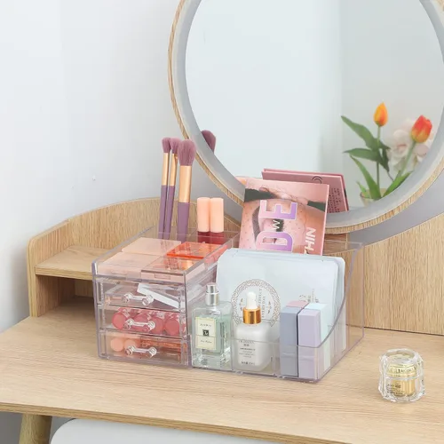 Vista 4 de Cq acrylic Paquete de 1 organizador de maquillaje transparente, apilable, 3 cajones, bonitos organizadores de tocador para el clip de pelo, joyas
